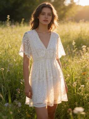 Bella Ella Boutique White Crochet Lace Floral V-Neck Mini Dress Medium